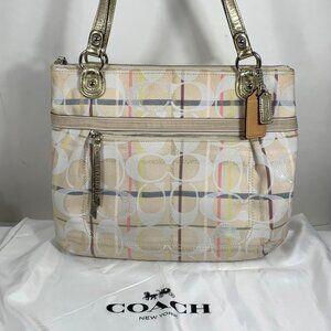 COACH Poppy Signature Ivory Gold Tattersall Sequined Glam Tote Purse 19867